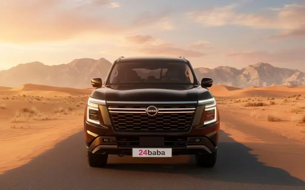 Nissan Patrol 2025 Black front view with headlights – rental in Dubai