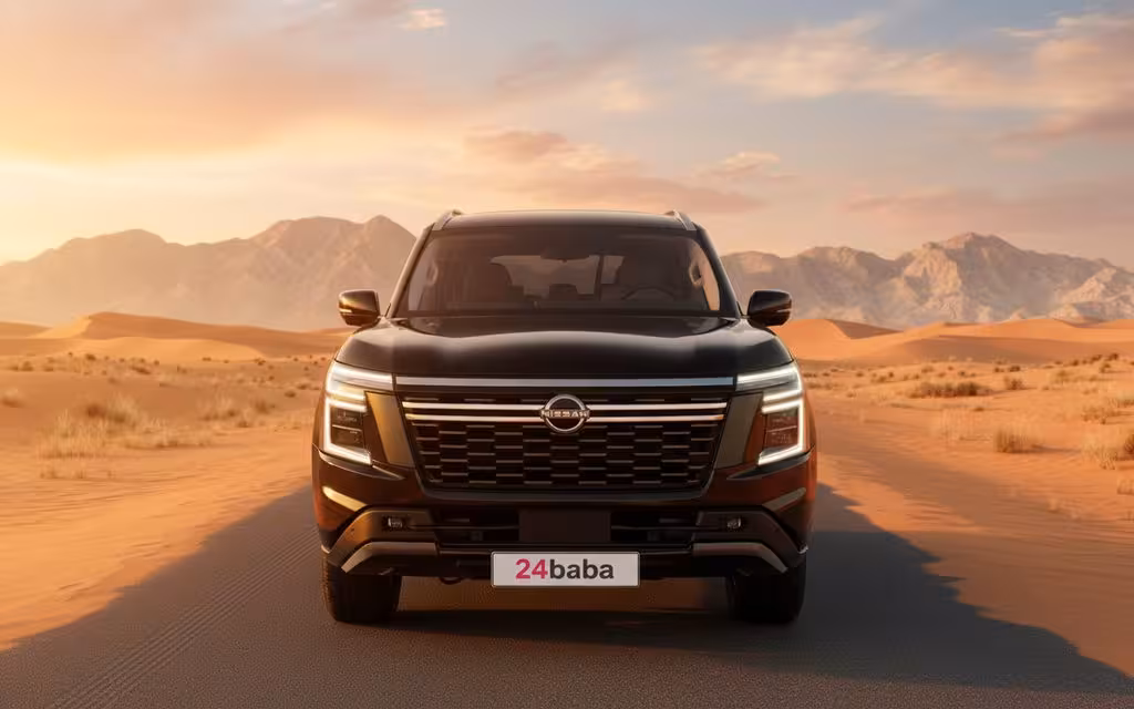 Nissan Patrol 2025 Black front view with headlights – rental in Dubai
