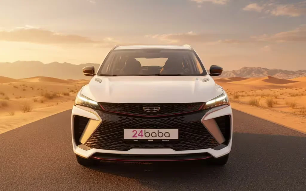 Geely Coolray 2025 White front view with headlights – rental in Dubai