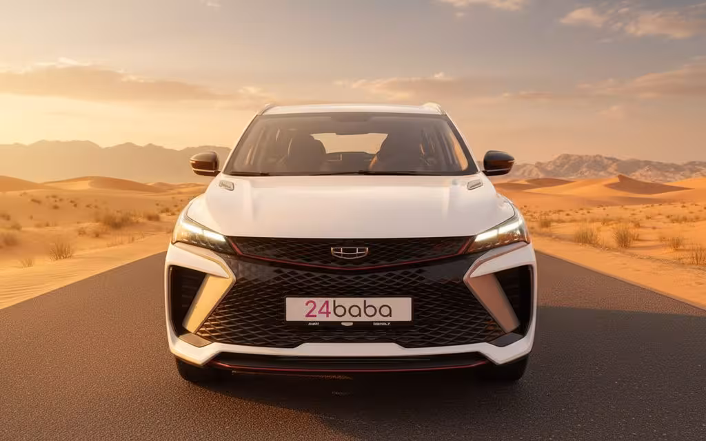 Geely Coolray 2025 White front view with headlights – rental in Dubai
