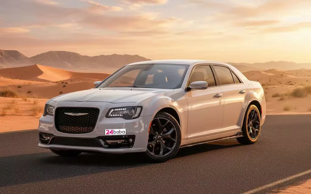 Chrysler 300 2021 White front view with headlights – rental in Dubai