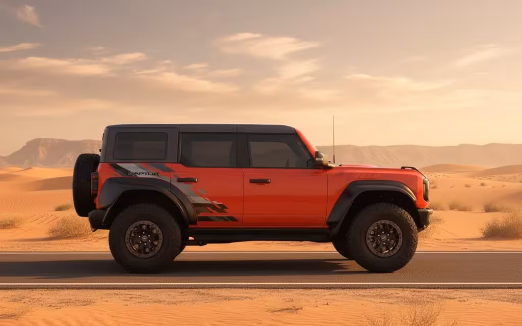 Ford Bronco 2023 Orange side profile – rental in Dubai