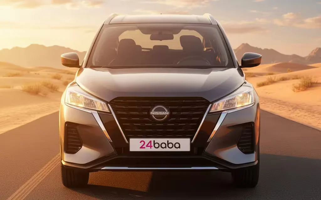 Nissan Kicks 2024 Grey front view with headlights – rental in Dubai