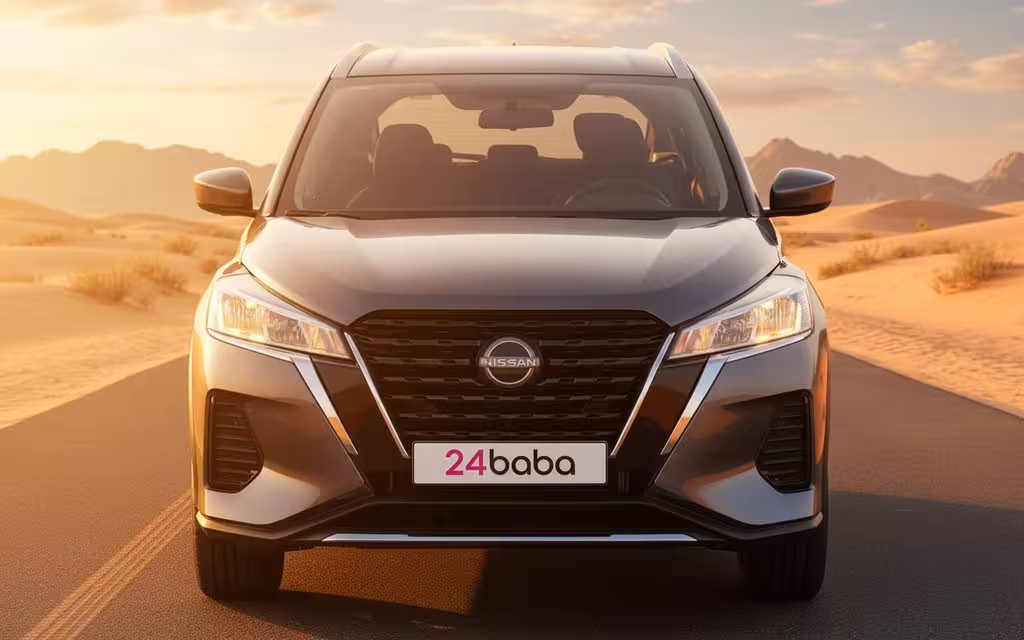 Nissan Kicks 2024 Grey front view with headlights – rental in Dubai