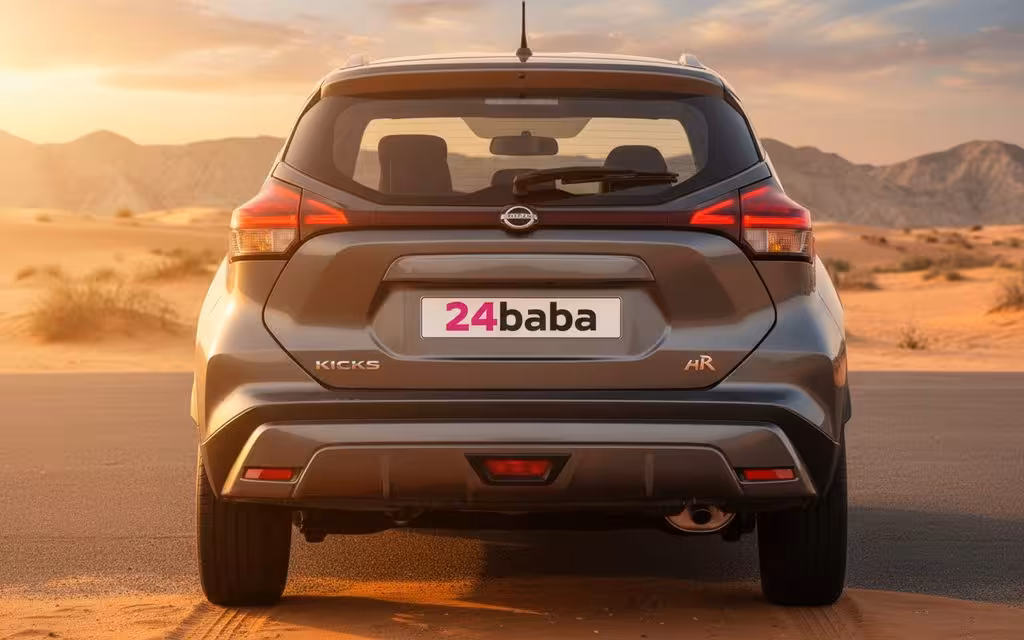 Nissan Kicks 2024 Grey rear view showing taillights – rental in Dubai