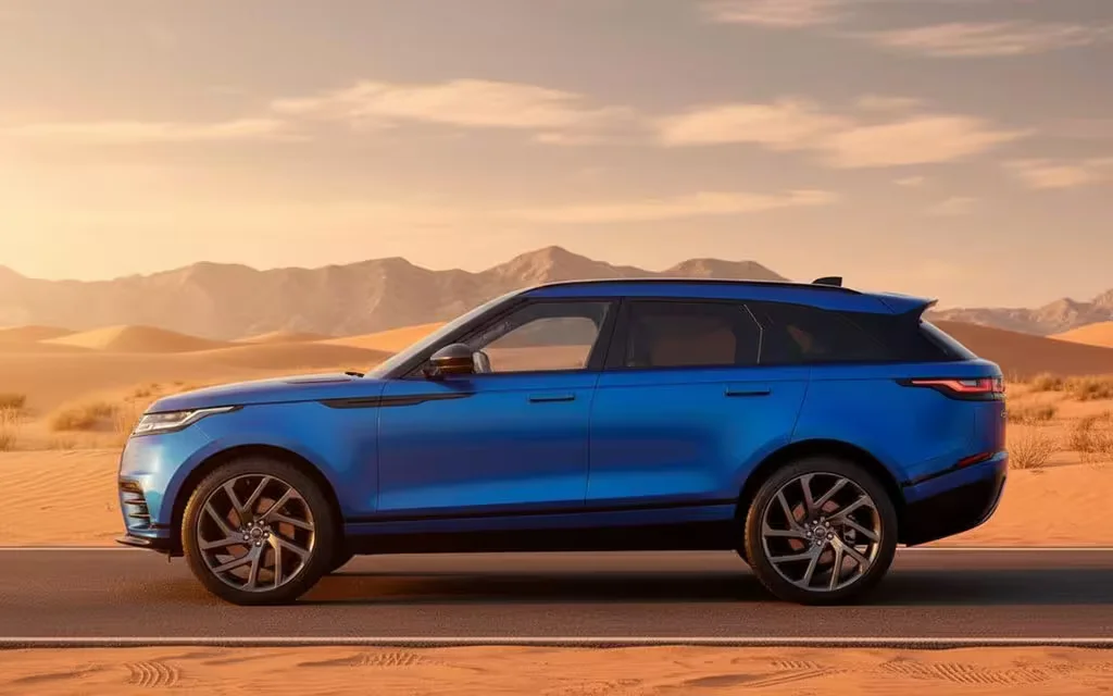 LandRover RangeRoverVelar 2021 Blue side profile – rental in Dubai
