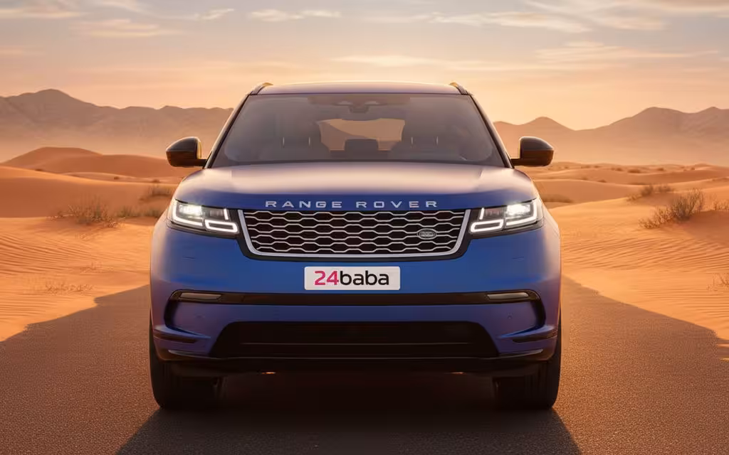 LandRover RangeRoverVelar 2021 Blue front view with headlights – rental in Dubai
