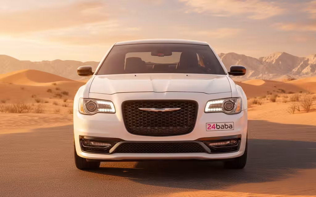 Chrysler 300 2025 White front view with headlights – rental in Dubai