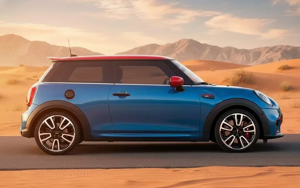 Mini Cooper 2024 Blue side profile – rental in Dubai