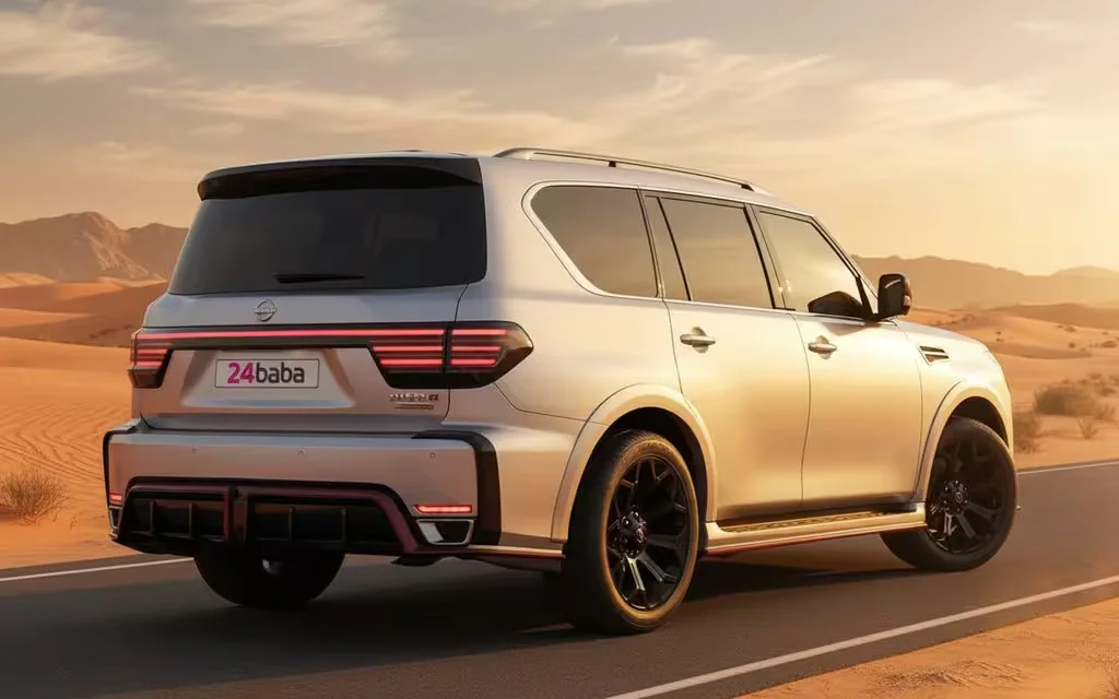 Nissan Patrol 2025 Silver rear view showing taillights – rental in Dubai