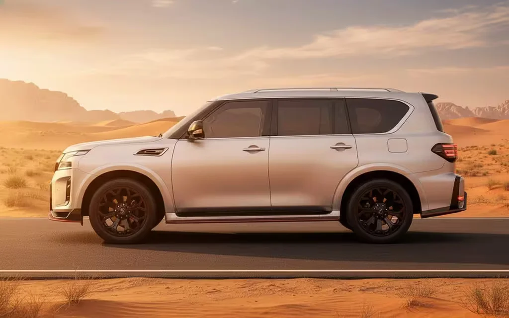 Nissan Patrol 2025 Silver side profile – rental in Dubai