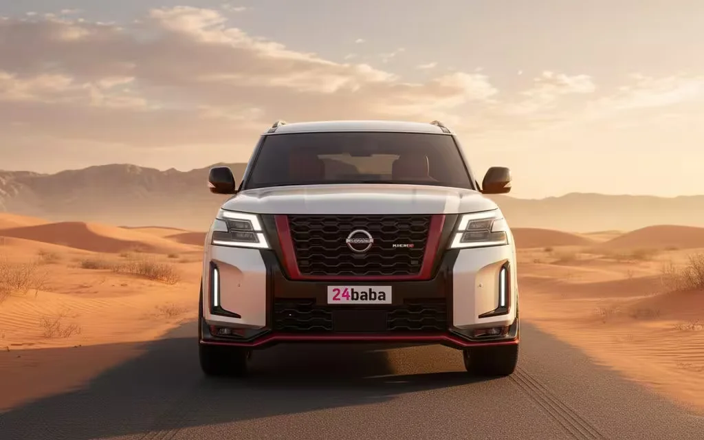 Nissan Patrol 2025 Silver front view with headlights – rental in Dubai