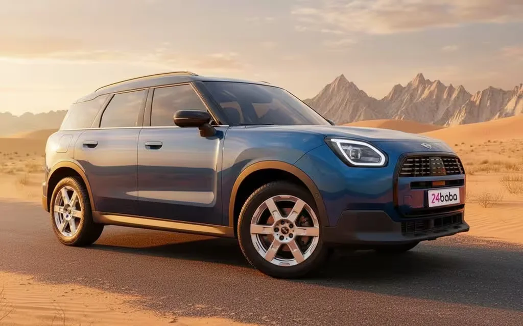 Mini Countryman 2025 Blue front view with headlights – rental in Dubai
