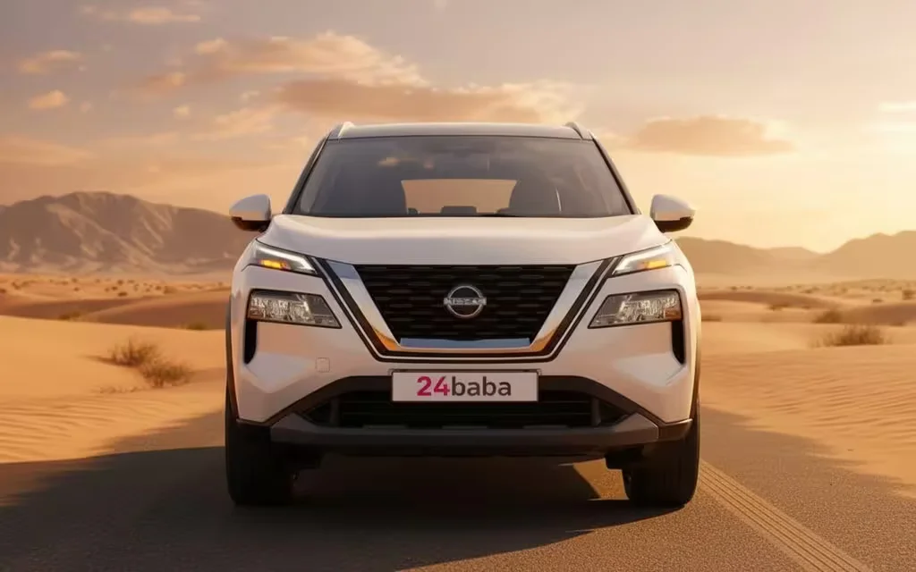 Nissan X Trail 2024 White front view with headlights – rental in Dubai