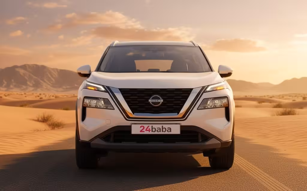 Nissan X Trail 2024 White front view with headlights – rental in Dubai