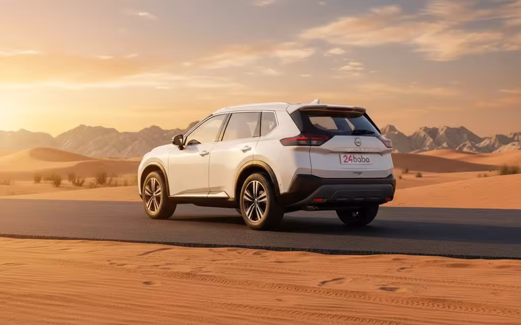 Nissan X Trail 2024 White rear view showing taillights – rental in Dubai
