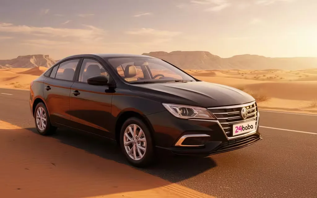 Mg 5 2023 Black front view with headlights – rental in Dubai