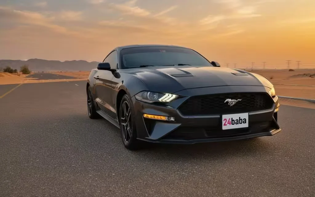 Ford Mustang 2020 Grey front view with headlights – rental in Dubai