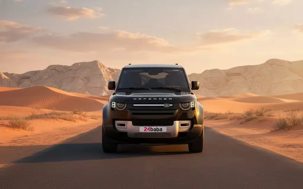 LandRover Defender 2024 Black front view with headlights – rental in Dubai