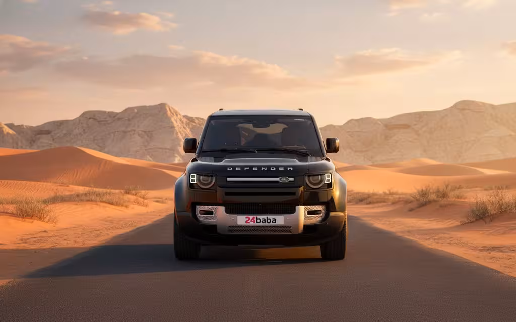 LandRover Defender 2024 Black front view with headlights – rental in Dubai