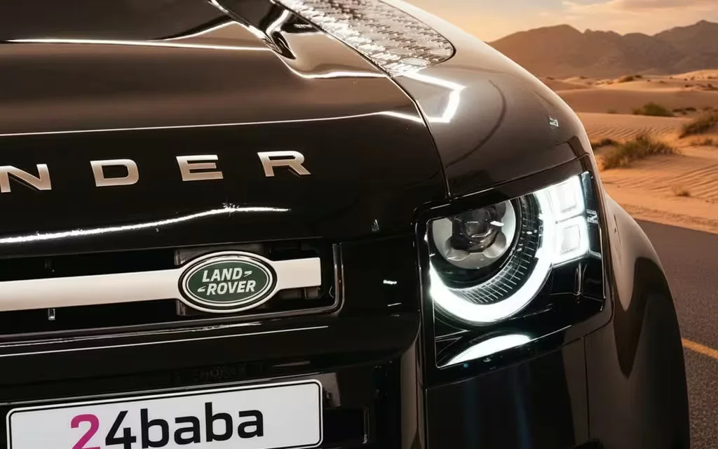 LandRover Defender 2024 Black front view with headlights – rental in Dubai