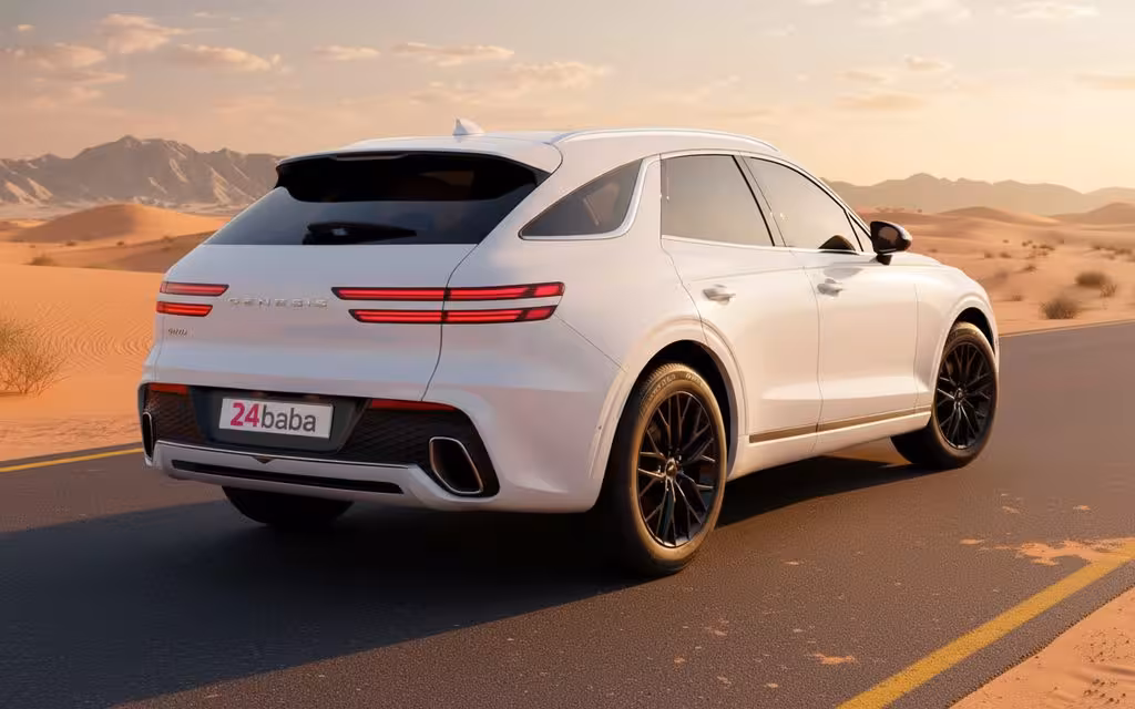 Genesis Gv70 2023 White rear view showing taillights – rental in Dubai