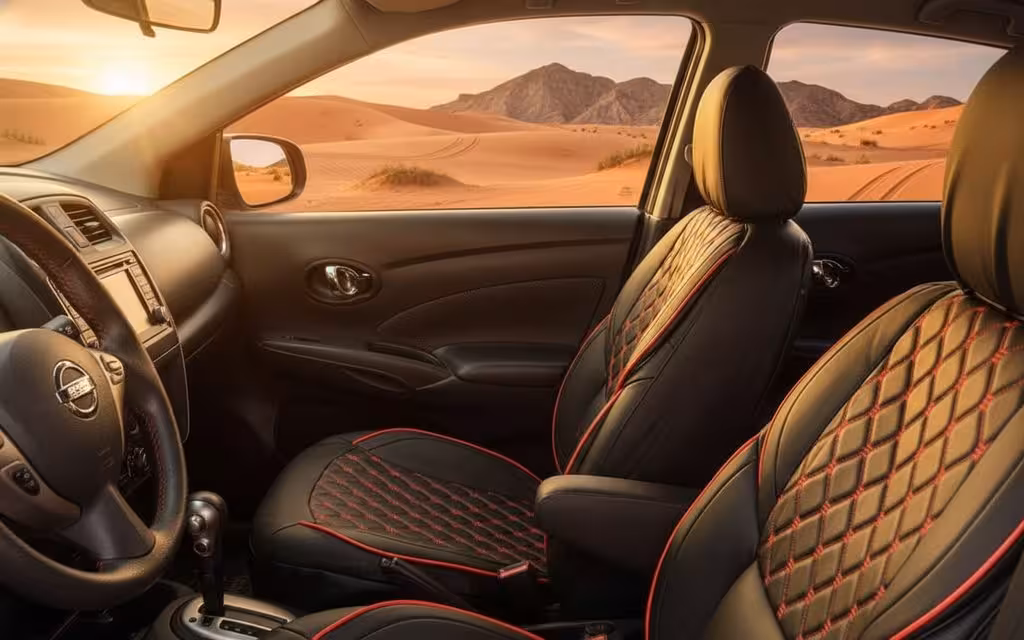 Nissan Versa 2025 leather seats and cabin – rental in Dubai
