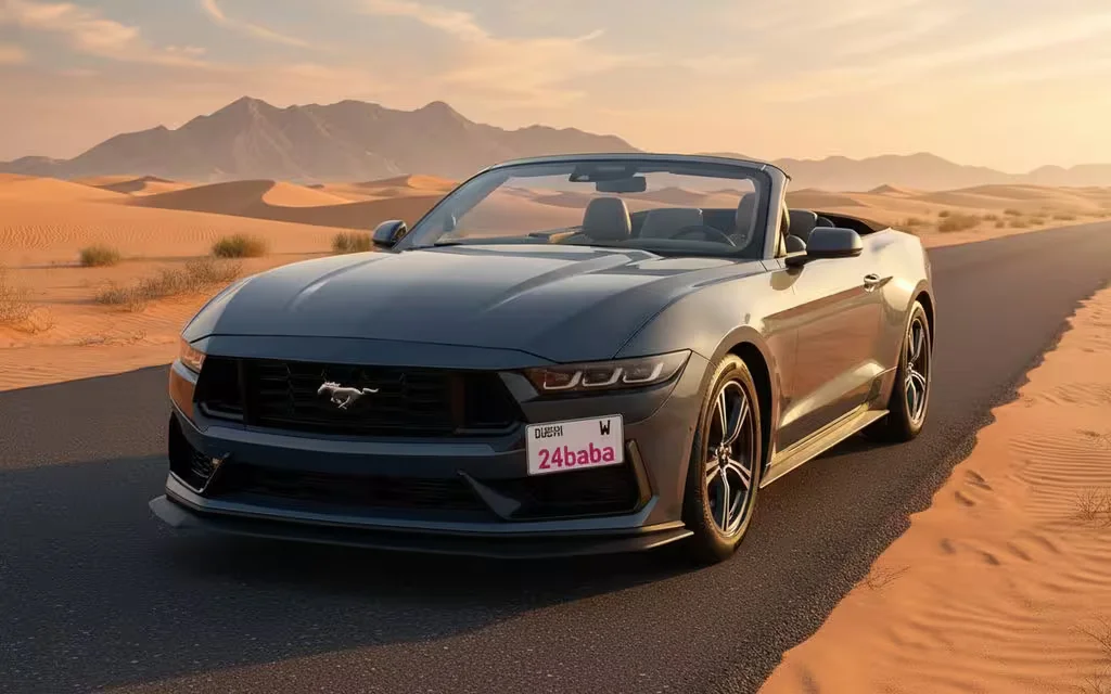 Ford Mustang 2024 Blue front view with headlights – rental in Dubai