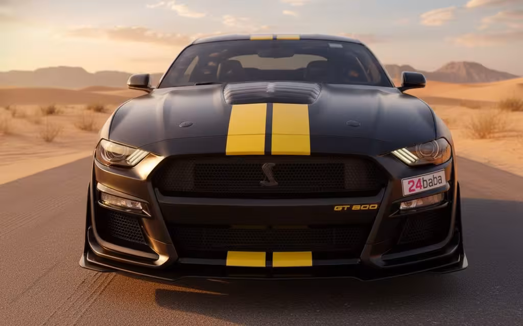 Ford Mustang 2021 Black front view with headlights – rental in Dubai