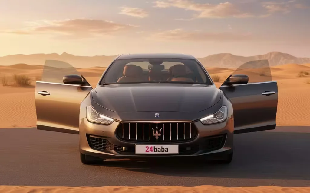 Maserati Ghibli 2021 Grey front view with headlights – rental in Dubai