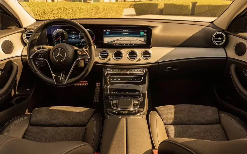 Mercedes E200 2022 interior view showing trim – rental in Dubai