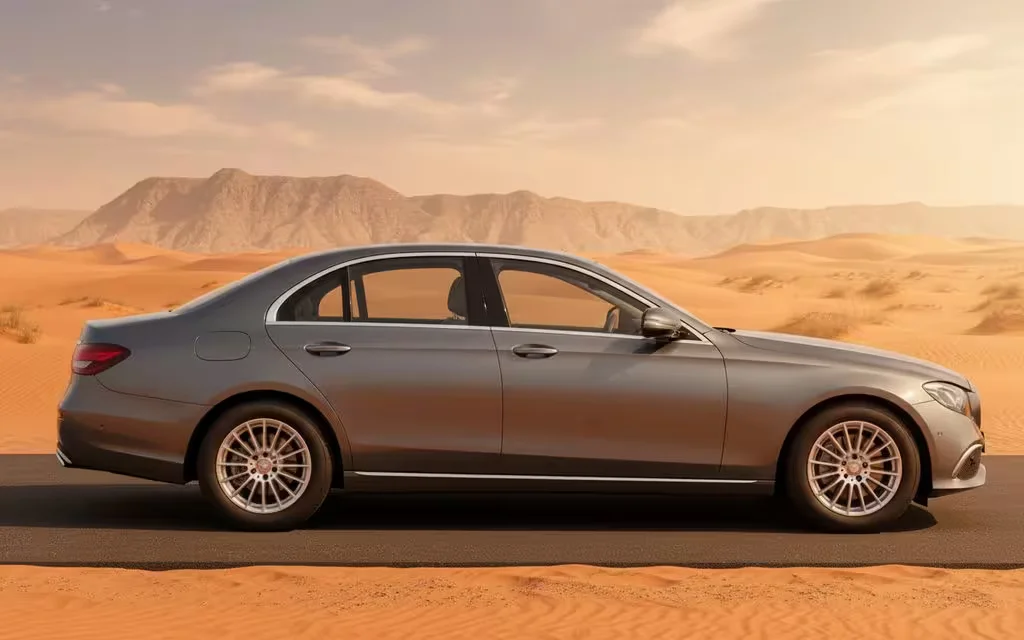 Mercedes E200 2022 Grey side profile – rental in Dubai