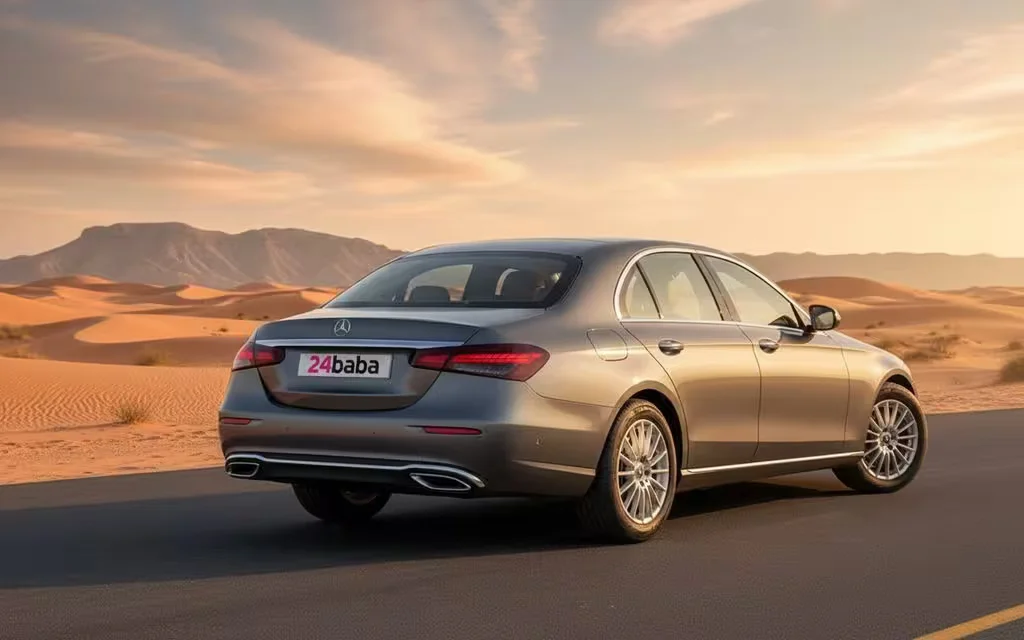 Mercedes E200 2022 Grey rear view showing taillights – rental in Dubai