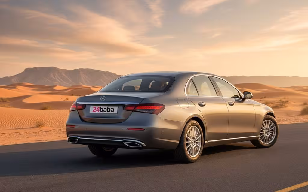 Mercedes E200 2022 Grey rear view showing taillights – rental in Dubai