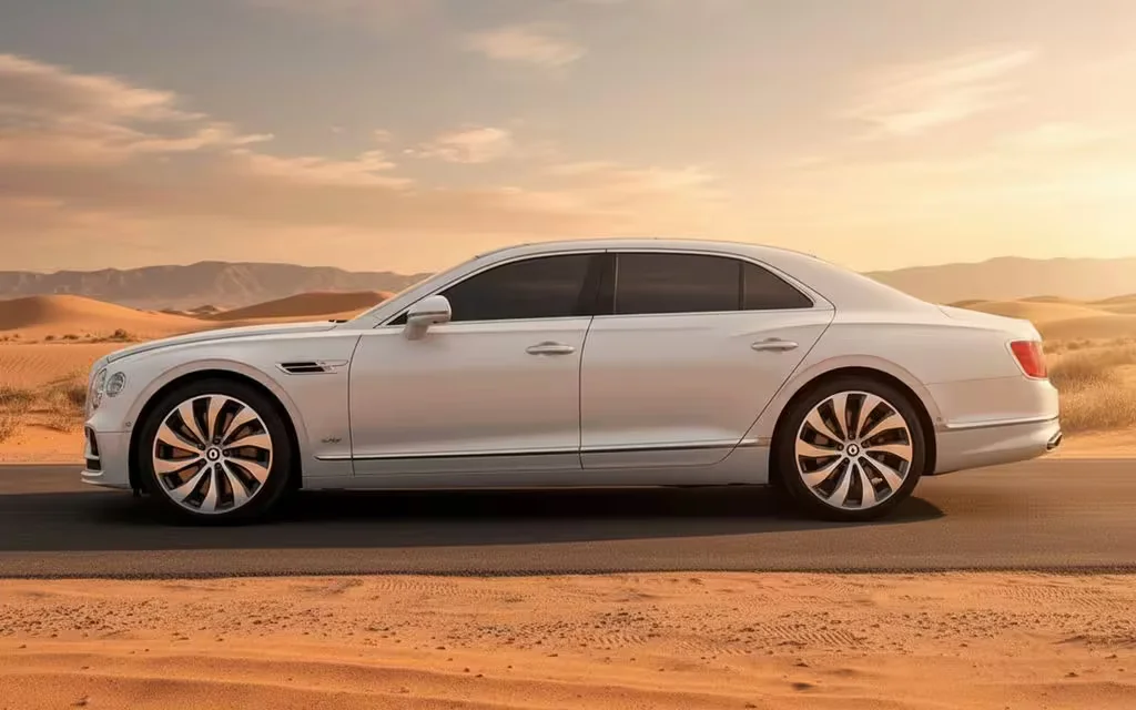 Bentley ContinentalFlyingSpur 2023 White side profile – rental in Dubai