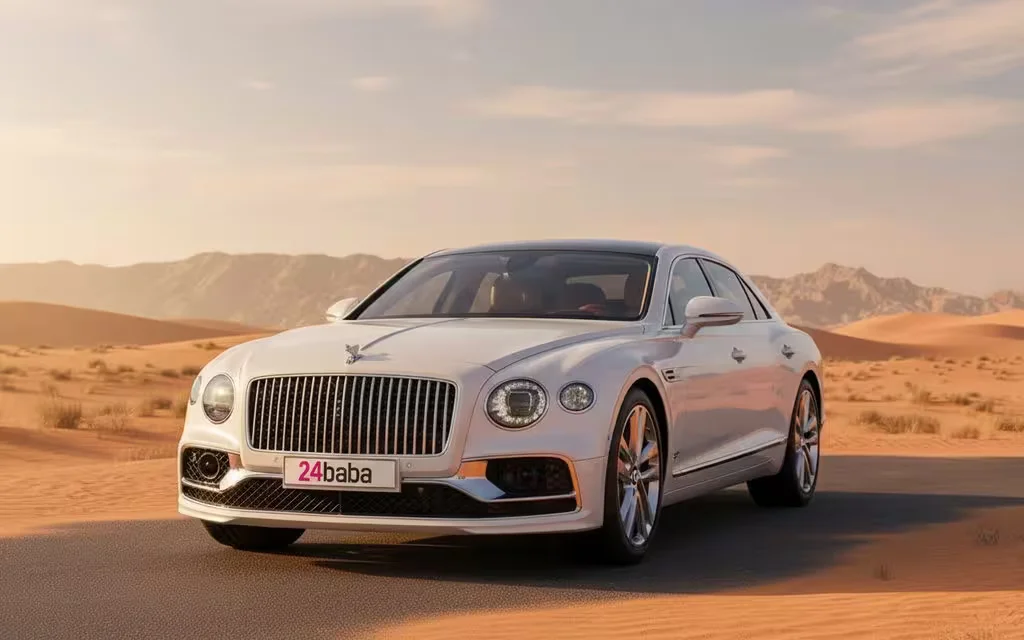 Bentley ContinentalFlyingSpur 2023 White front view with headlights – rental in Dubai