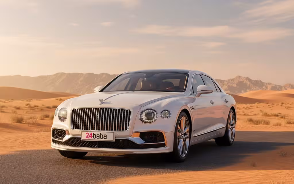 Bentley ContinentalFlyingSpur 2023 White front view with headlights – rental in Dubai