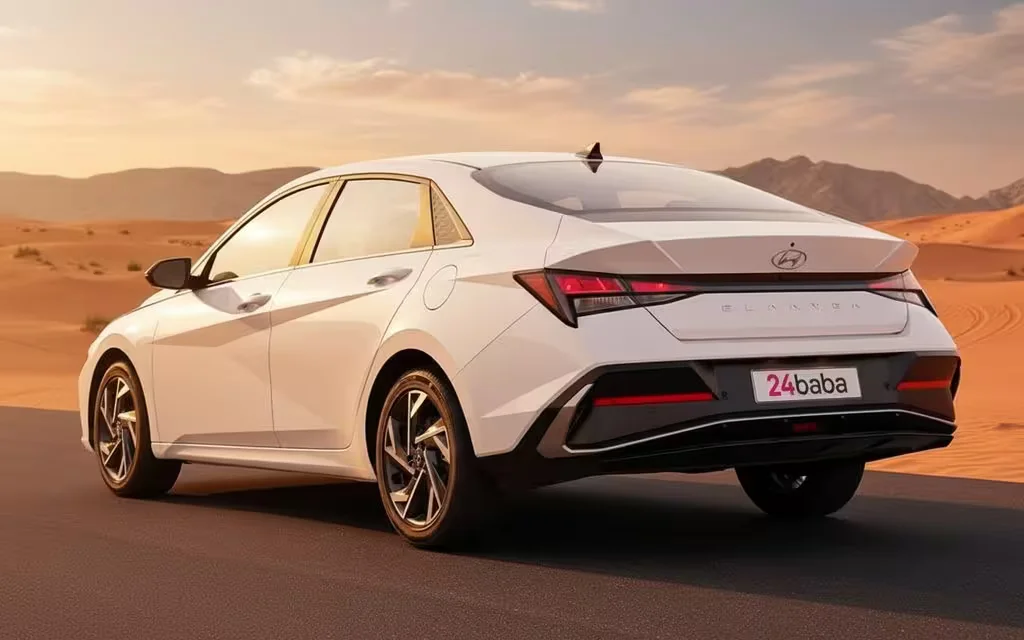 Hyundai Elantra 2025 White rear view showing taillights – rental in Dubai