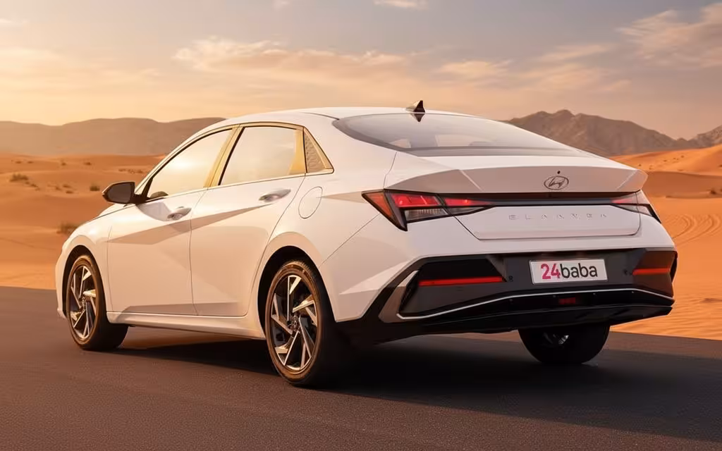Hyundai Elantra 2025 White rear view showing taillights – rental in Dubai
