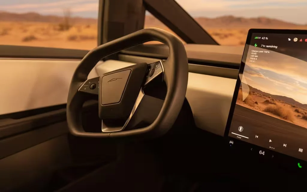 Tesla Cybertruck 2024 interior view showing trim – rental in Dubai