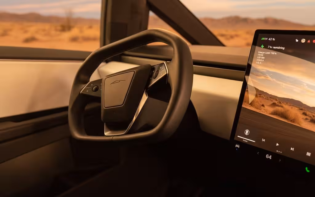 Tesla Cybertruck 2024 interior view showing trim – rental in Dubai
