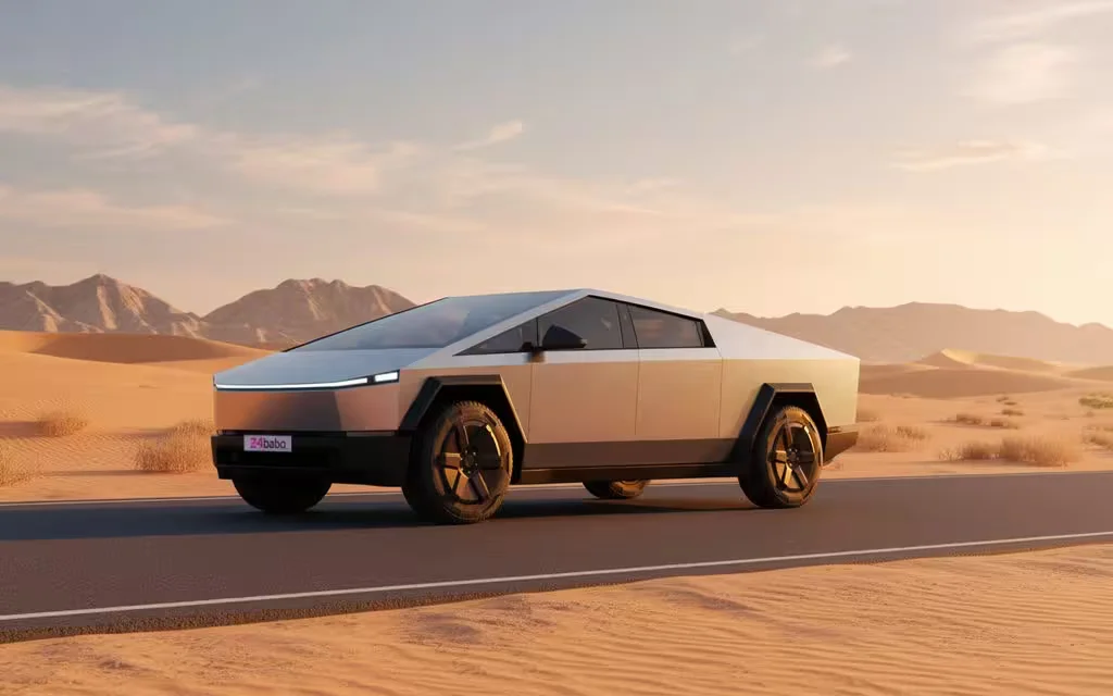 Tesla Cybertruck 2024 Silver front view with headlights – rental in Dubai