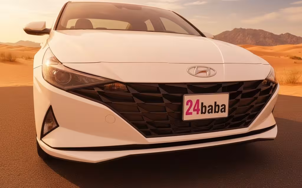 Hyundai Elantra 2022 White front view with headlights – rental in Dubai