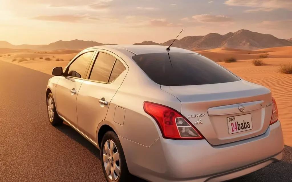 Nissan Sunny 2021 Silver rear view showing taillights – rental in Dubai