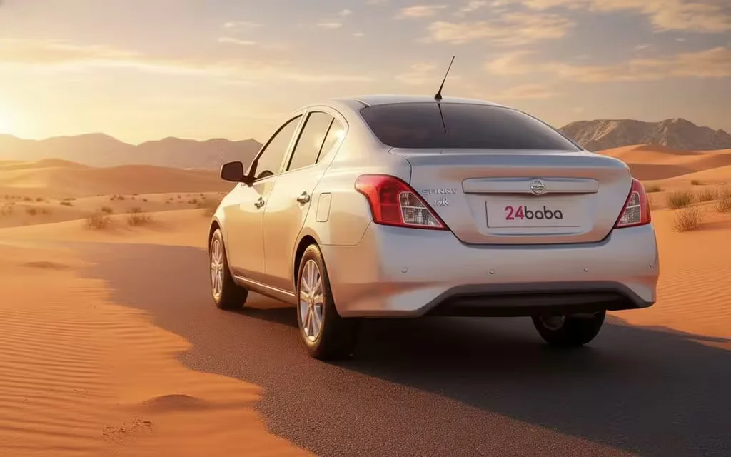 Nissan Sunny 2021 Silver rear view showing taillights – rental in Dubai