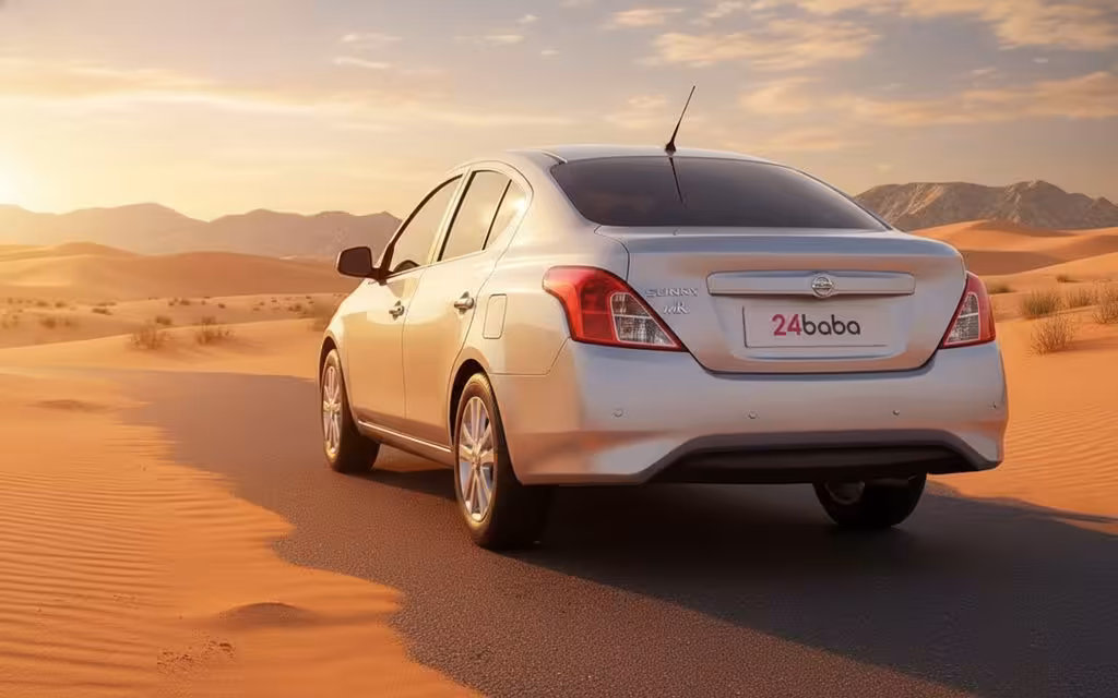 Nissan Sunny 2021 Silver rear view showing taillights – rental in Dubai