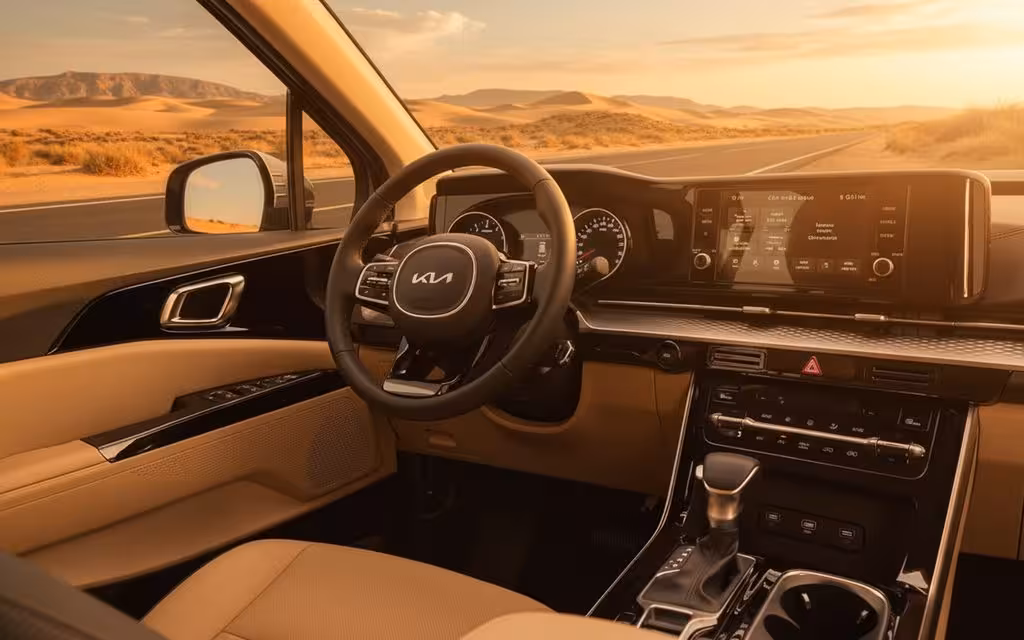 Kia Carnival 2023 interior view showing trim – rental in Dubai