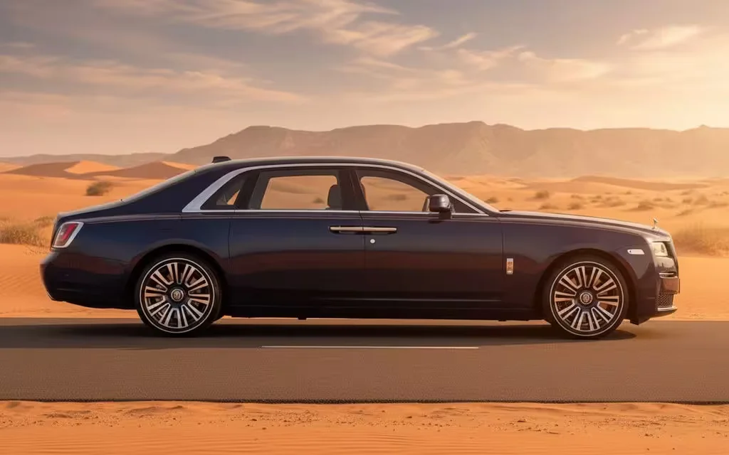 RollsRoyce Ghost 2024 Blue side profile – rental in Dubai