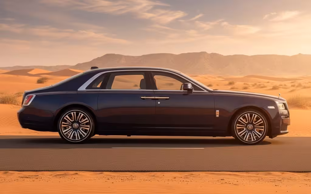 RollsRoyce Ghost 2024 Blue side profile – rental in Dubai