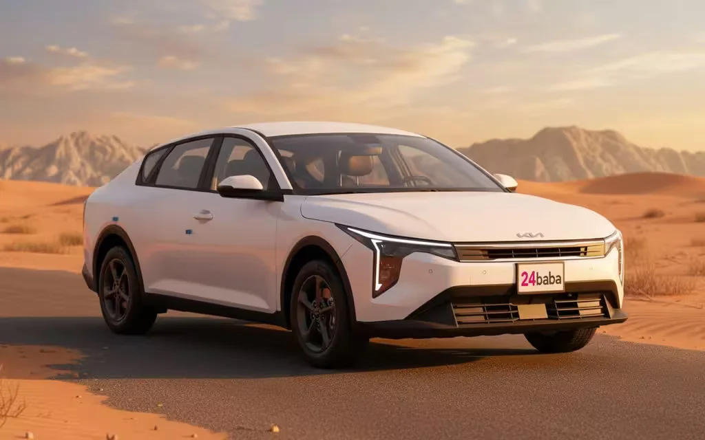 Kia K4 2026 White front view with headlights – rental in Dubai